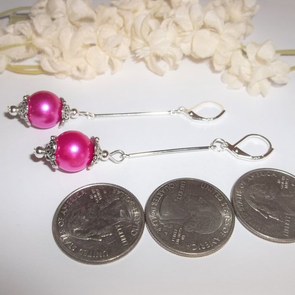 Long Earrings, Fuschia Pink and Silver, Dangle and Drop Earrings, Beaded 7453 - Picture 5 of 8